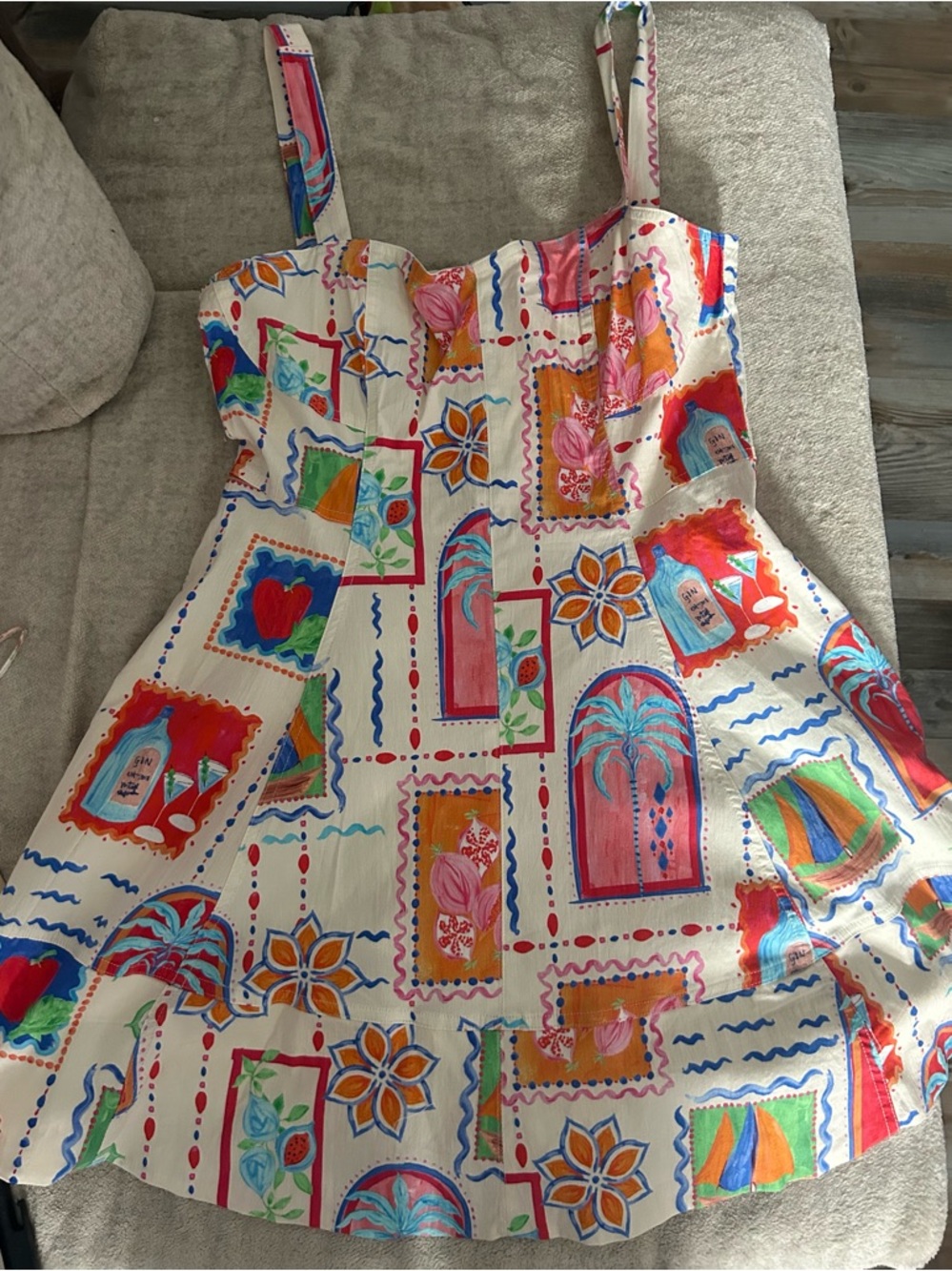 T.J.Maxx Cream Mini Dress with Bright Multi-Color Tropical Print